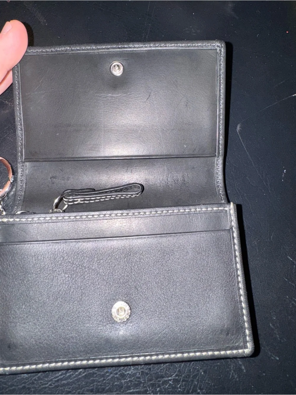 Coach Black Leather Trifold Wallet with Stitch Detailing